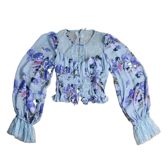 Free People Tops - Free People Women's Size M Daphne Blouse Silver Blue Combo Smocked  Cropped 37